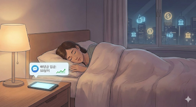 어두운 밤 침대에서 평온하게 잠든 사람과 협탁 위 스마트폰 화면에 '입금' 알림이 불을 밝히는 모습, 자는 동안에도 수익이 들어오는 디지털 월세 콘셉트 일러스트