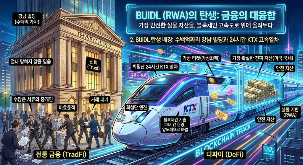 BUIDL ํ์ ๋ฐฐ๊ฒฝ์ ์๋ฐฑ์ต์ง๋ฆฌ ๊ฐ๋จ ๋น๋ฉ(์ ํต ๊ธ์ต)๊ณผ 24์๊ฐ KTX ๊ณ ์์ด์ฐจ(๋ํ์ด)์ ์ตํฉ์ผ๋ก ์๊ธฐ ์ฝ๊ฒ ์ค๋ช
ํ ์ธํฌ๊ทธ๋ํฝ